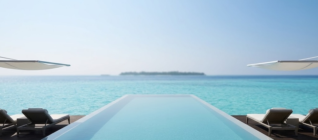 Aerial view of luxury overwater villas in the Maldives